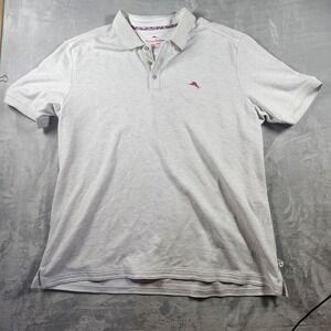 Tommy Bahama Polo‎ Shirt Mens Size 2XL XXL Gray White Striped Embroidered Logo
